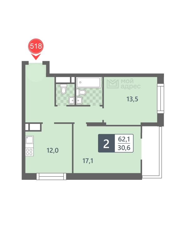 2 комн. квартира, 62.1 м², 7 этаж 