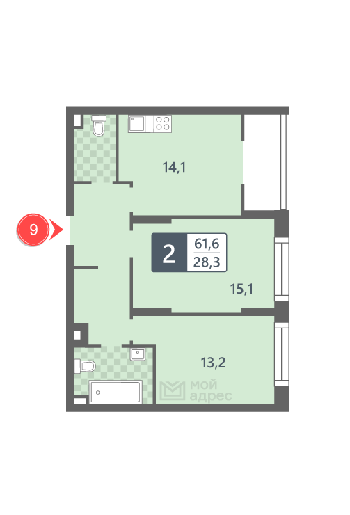 2 комн. квартира, 61.6 м², 2 этаж 
