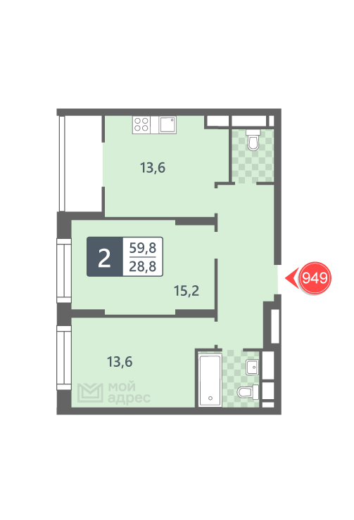 2 комн. квартира, 59.8 м², 18 этаж 