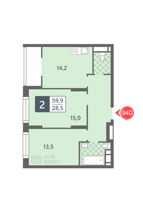 2 комн. квартира, 59.9 м², 17 этаж 