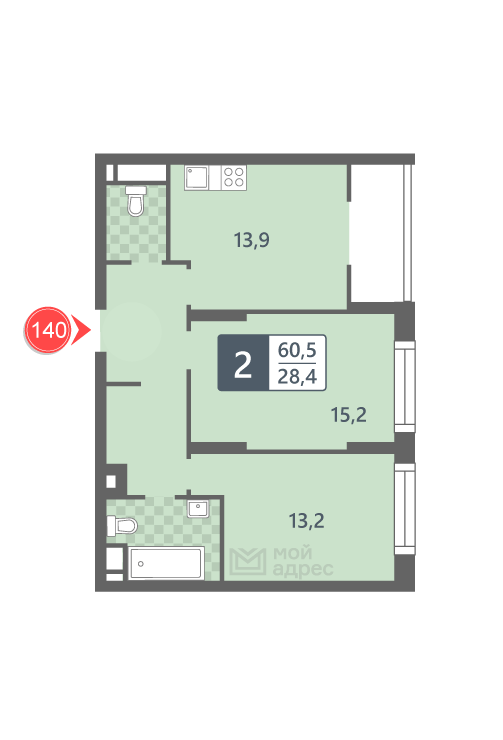 2 комн. квартира, 60.5 м², 13 этаж 