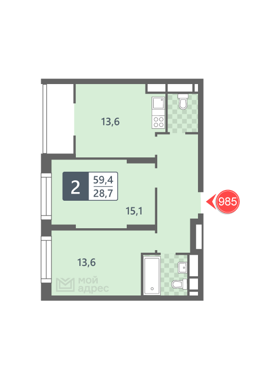 2 комн. квартира, 59.4 м², 22 этаж 