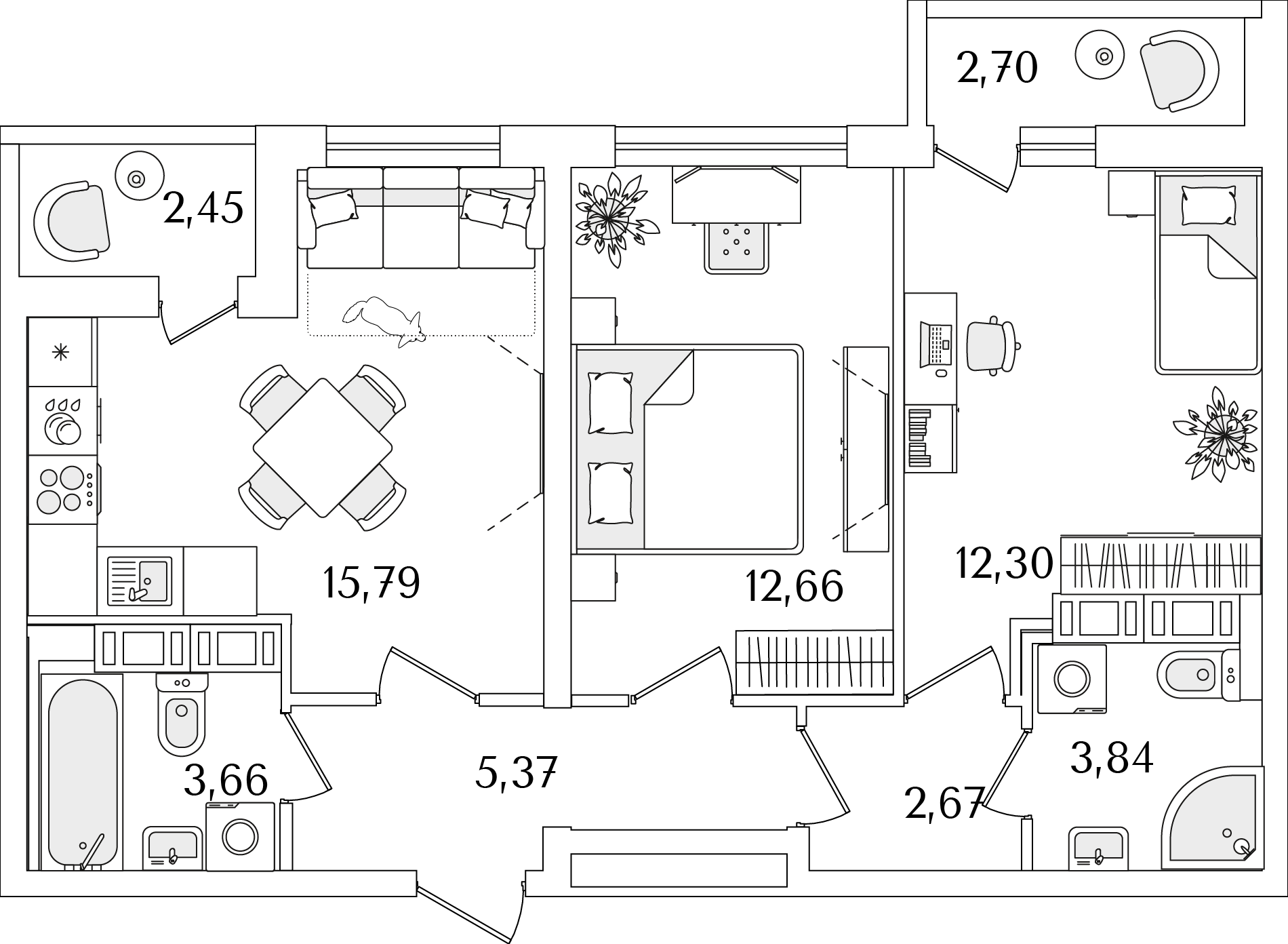 2 комн. квартира, 58.9 м², 14 этаж 