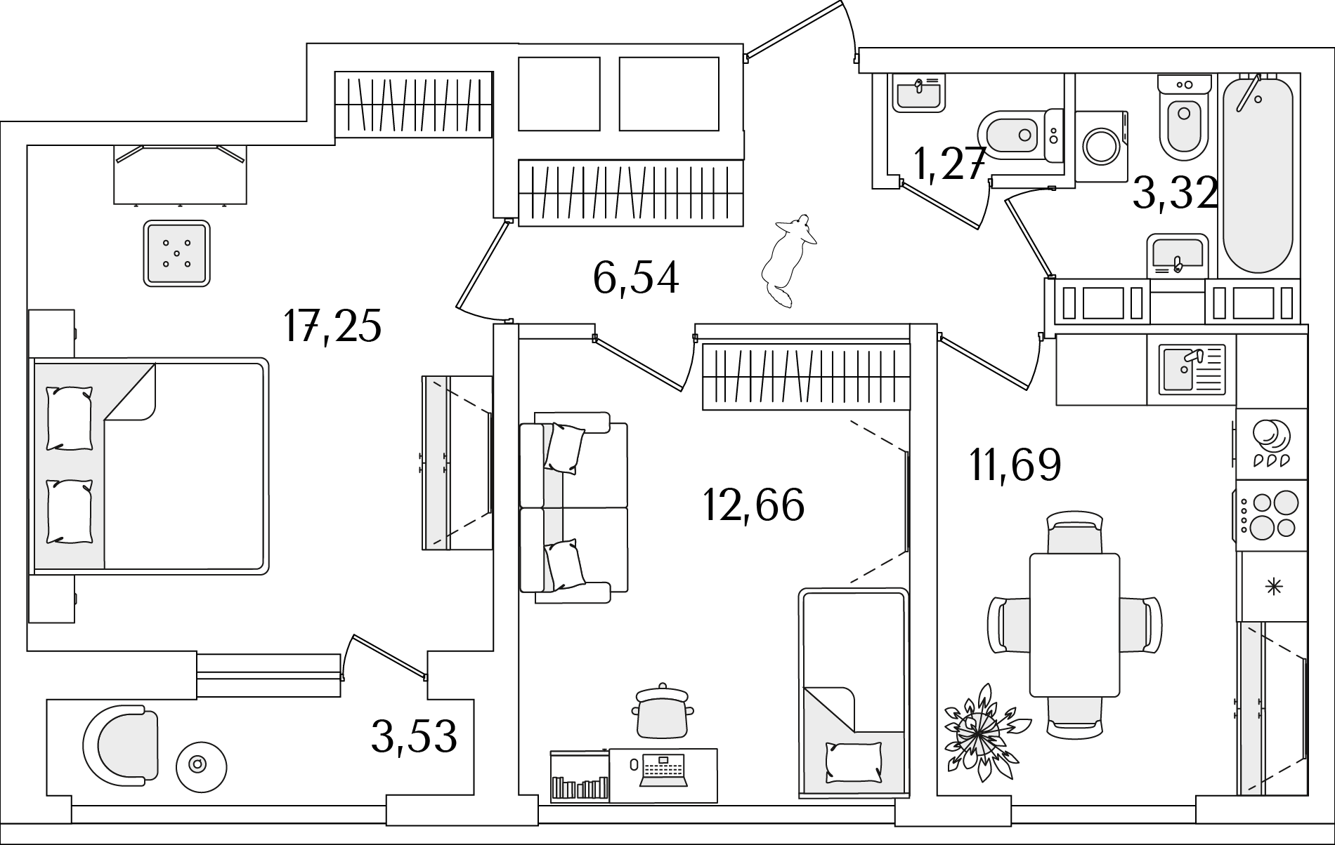2 комн. квартира, 54.5 м², 13 этаж 