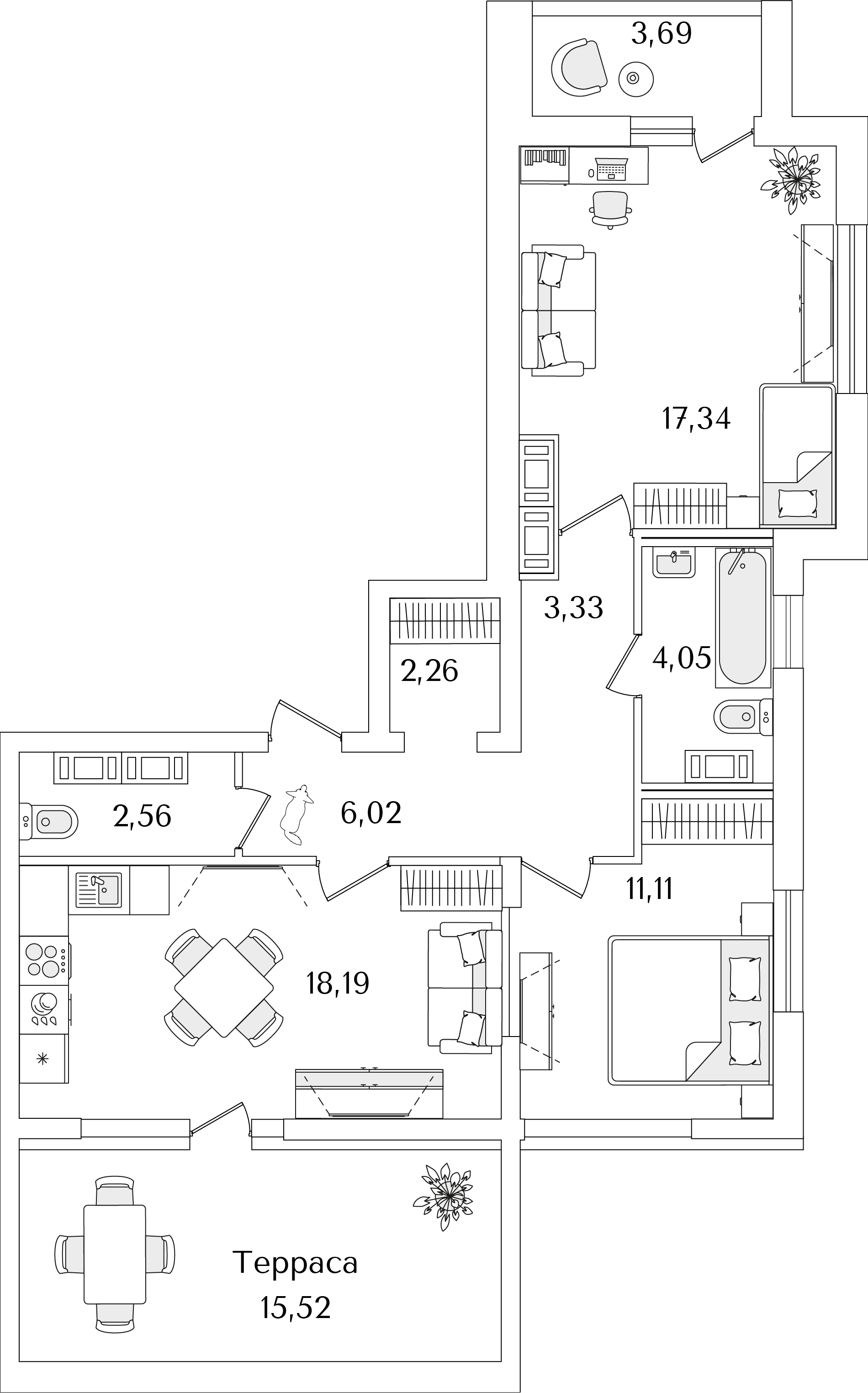 2 комн. квартира, 69.1 м², 14 этаж 