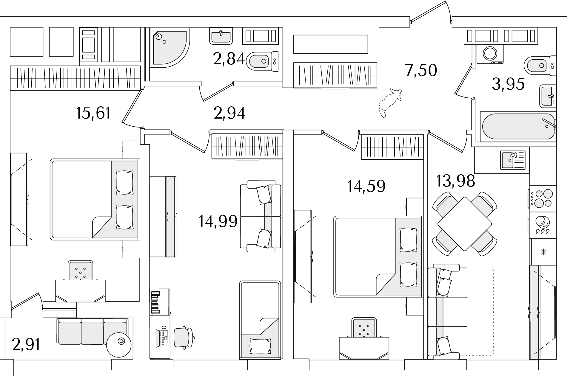 3 комн. квартира, 77.9 м², 13 этаж 