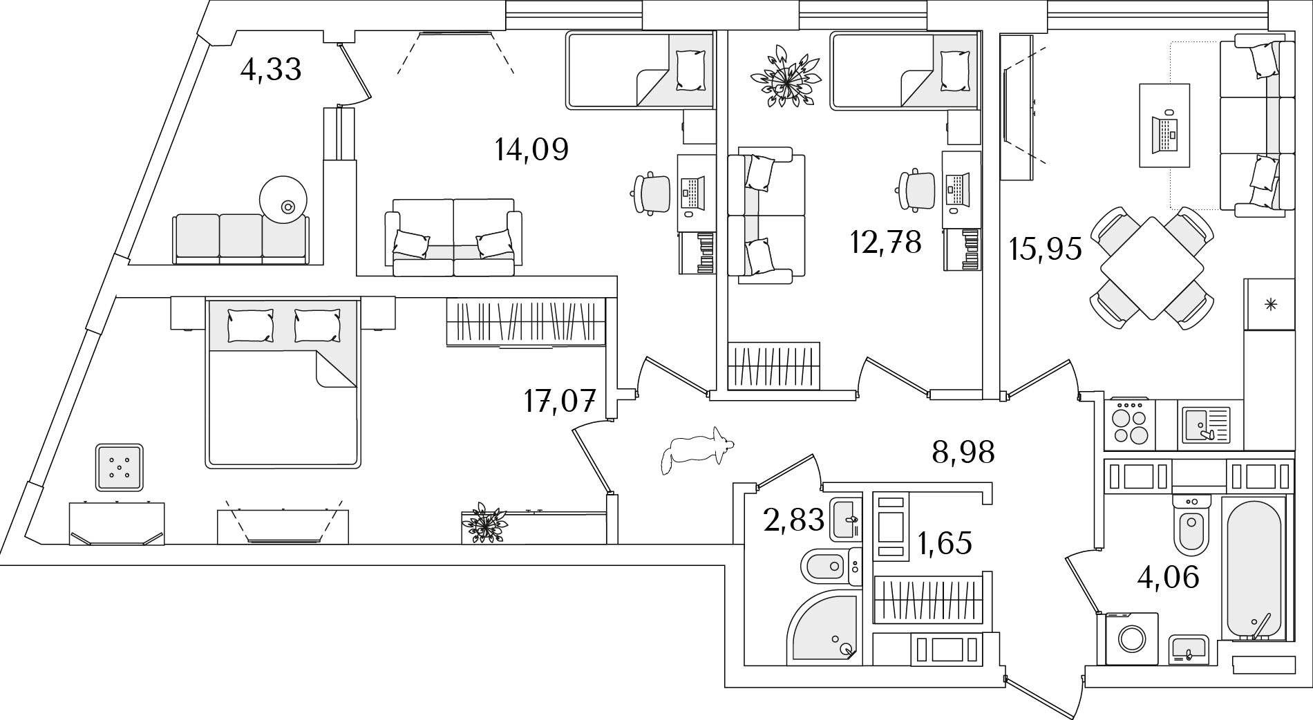 3 комн. квартира, 79.6 м², 14 этаж 