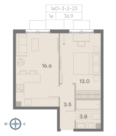1 комн. квартира, 36.9 м², 10 этаж 
