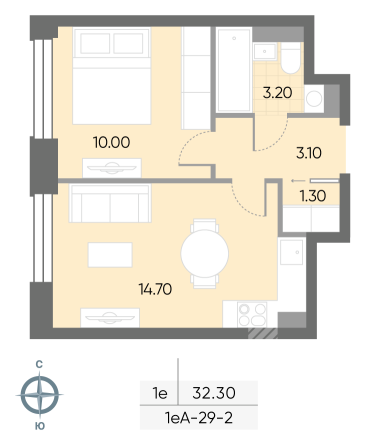1 комн. квартира, 32.3 м², 2 этаж 