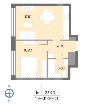 1 комн. квартира, 35.9 м², 21 этаж 