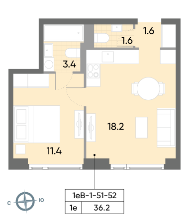 1 комн. квартира, 36.2 м², 52 этаж 