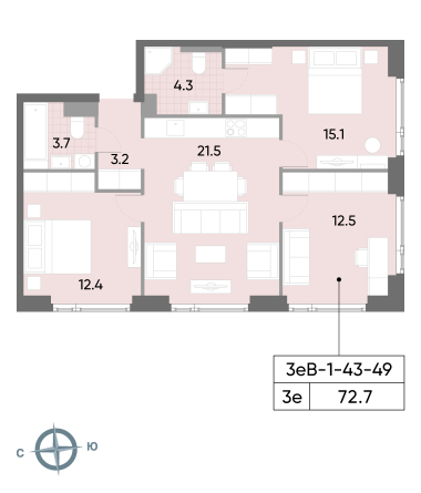 3 комн. квартира, 72.7 м², 47 этаж 