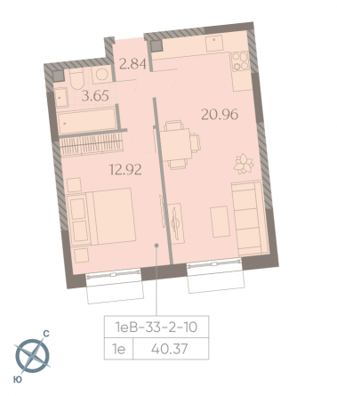 1 комн. квартира, 40.4 м², 9 этаж 
