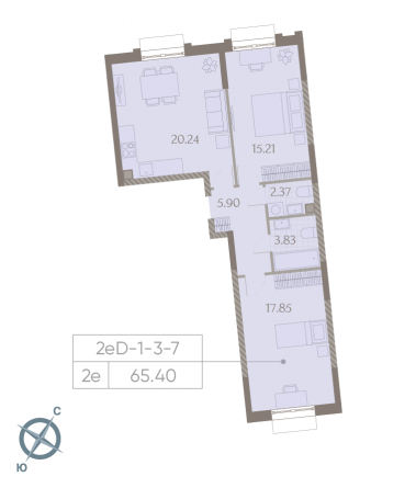 2 комн. квартира, 65.4 м², 7 этаж 