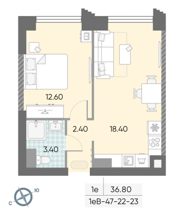 1 комн. квартира, 36.8 м², 22 этаж 