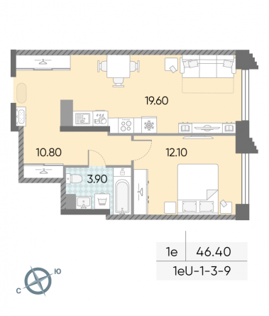 1 комн. квартира, 46.4 м², 4 этаж 