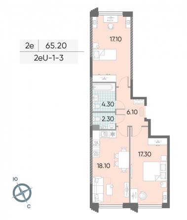 2 комн. квартира, 65.2 м², 3 этаж 