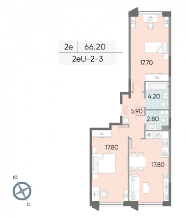 2 комн. квартира, 66.2 м², 3 этаж 