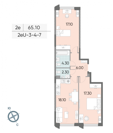 2 комн. квартира, 65.1 м², 5 этаж 