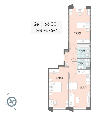 2 комн. квартира, 66 м², 7 этаж 