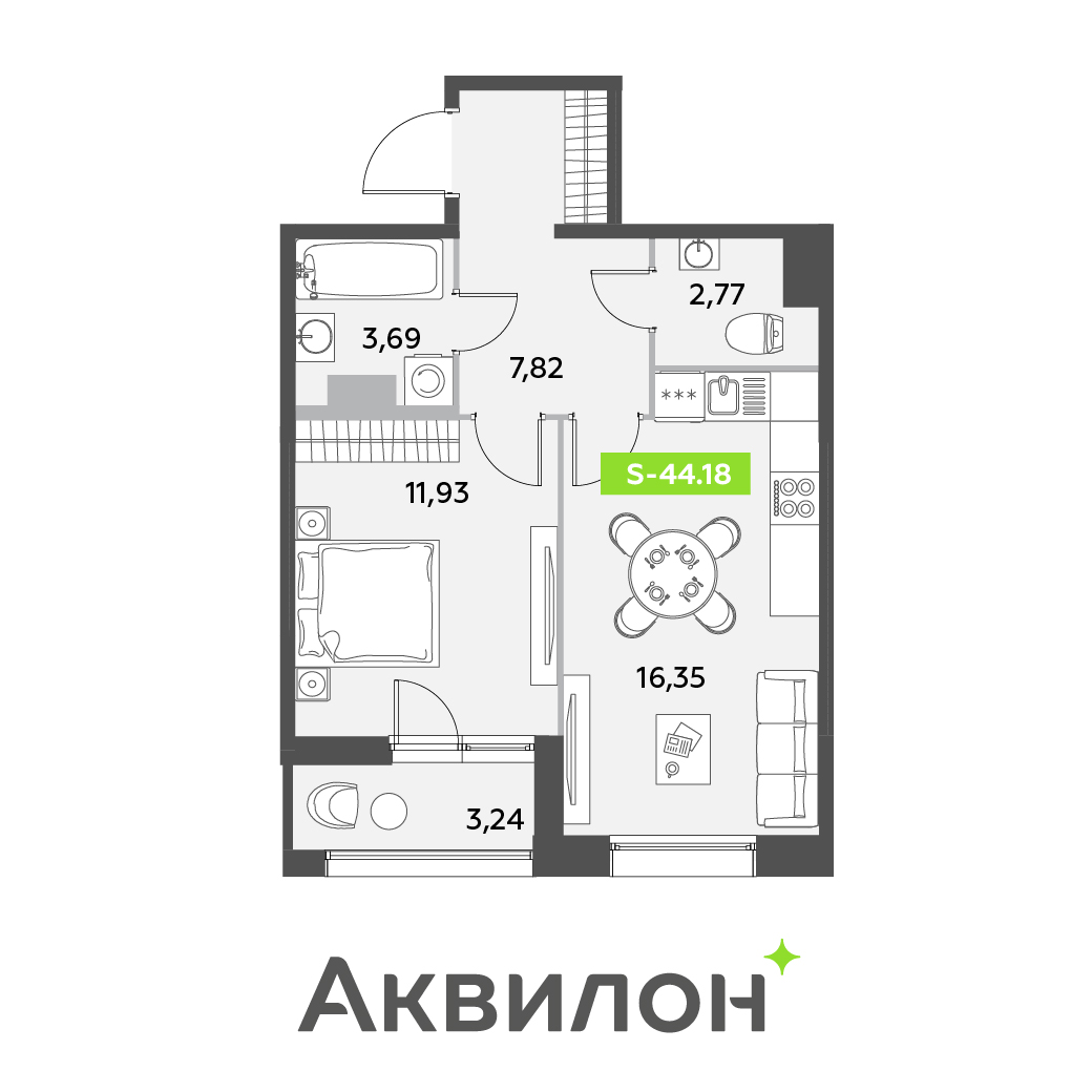 2 комн. квартира, 44.2 м², 6 этаж 