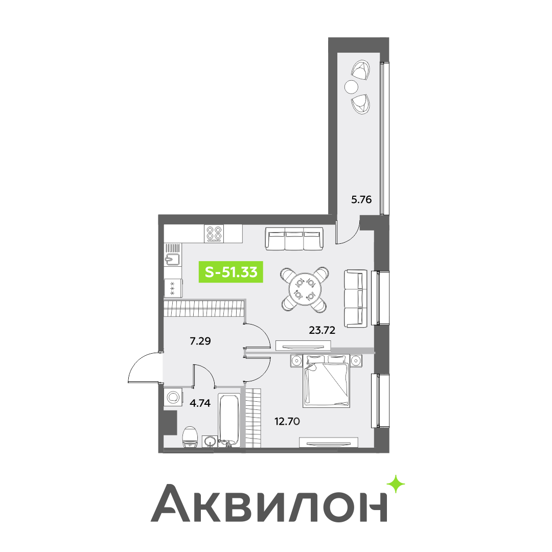 2 комн. квартира, 51.3 м², 10 этаж 