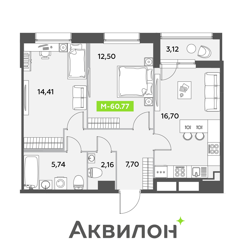 3 комн. квартира, 60.8 м², 12 этаж 