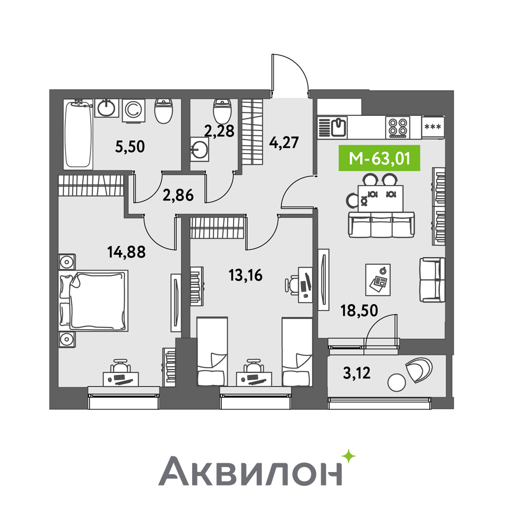 3 комн. квартира, 63 м², 2 этаж 