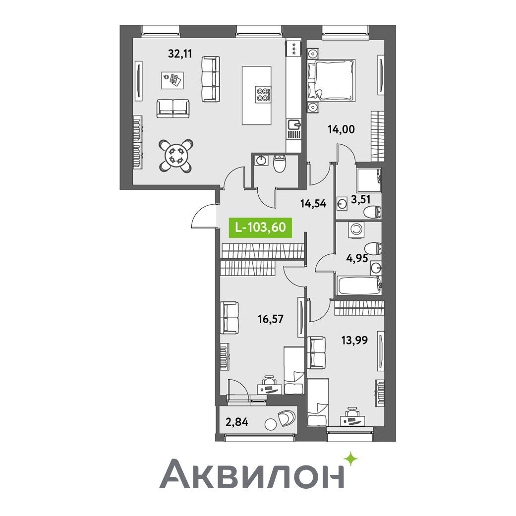 4 комн. квартира, 103.6 м², 2 этаж 