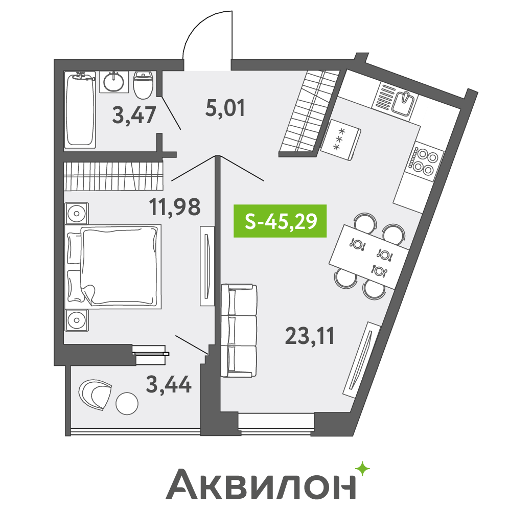 2 комн. квартира, 44.6 м², 1 этаж 