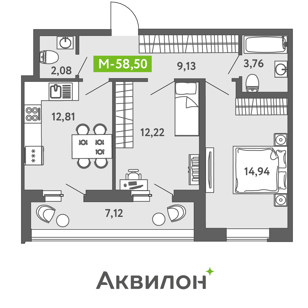 3 комн. квартира, 57 м², 1 этаж 