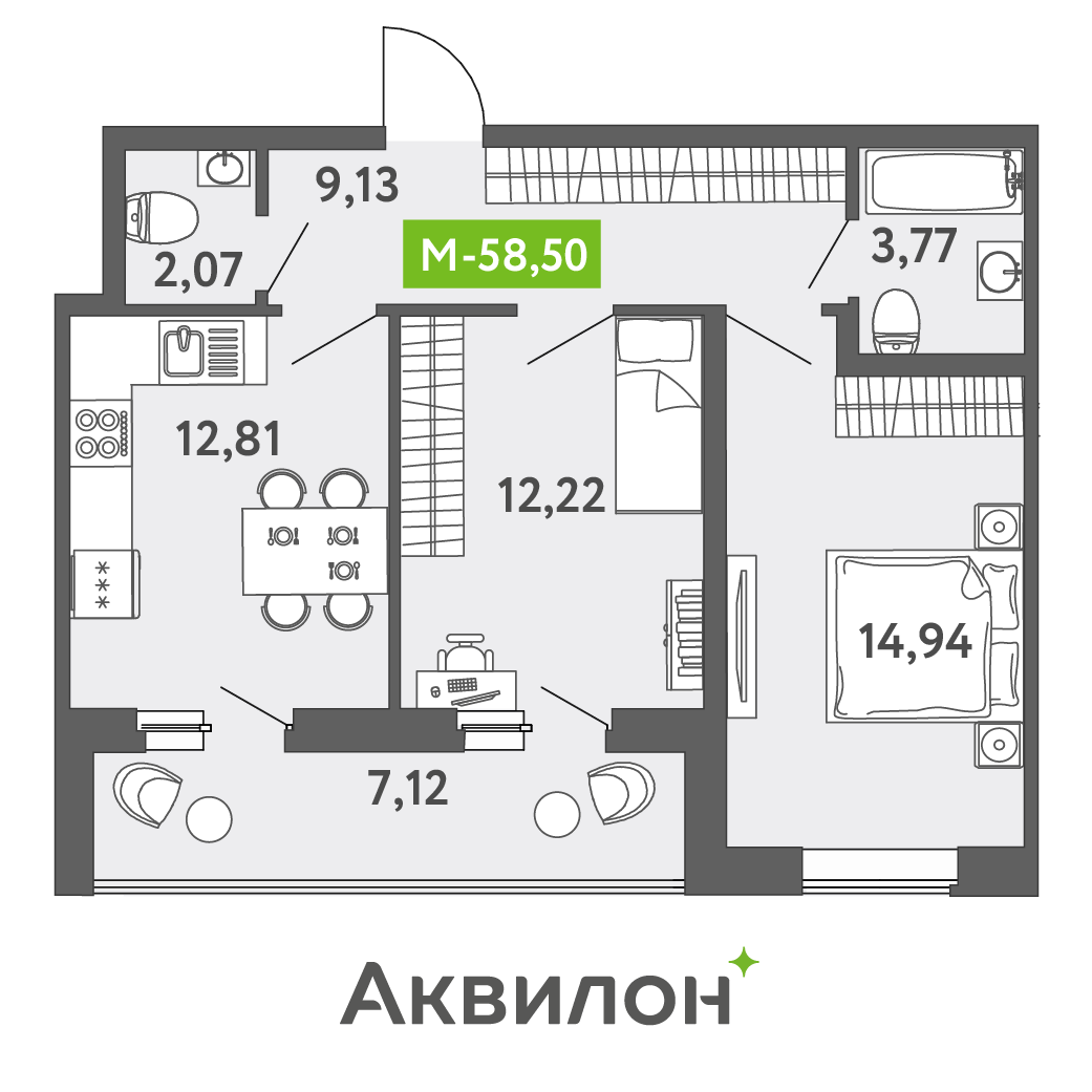 3 комн. квартира, 57.1 м², 1 этаж 