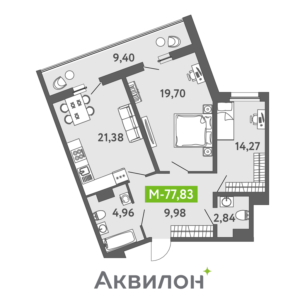 3 комн. квартира, 77.6 м², 2 этаж 
