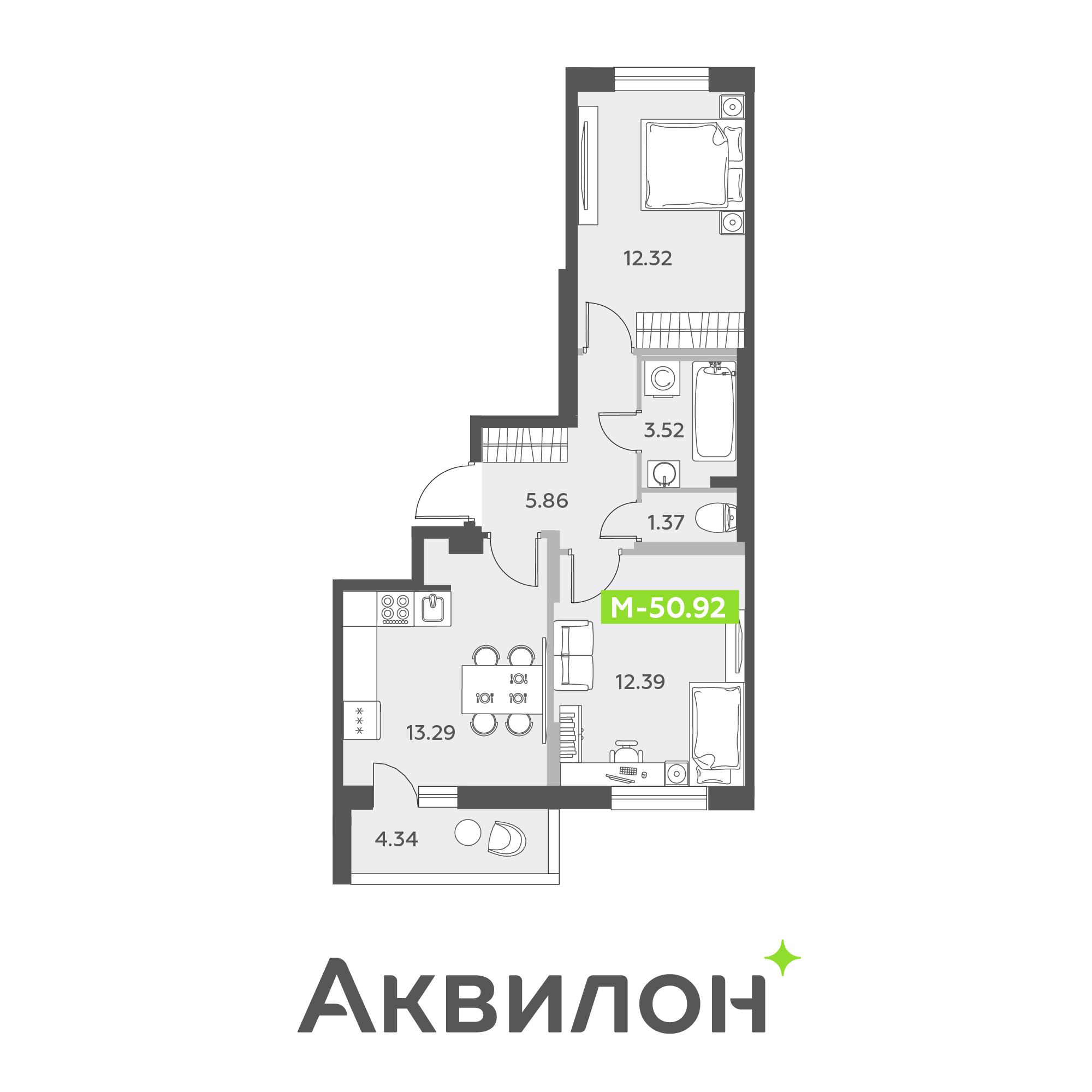 3 комн. квартира, 50.9 м², 2 этаж 