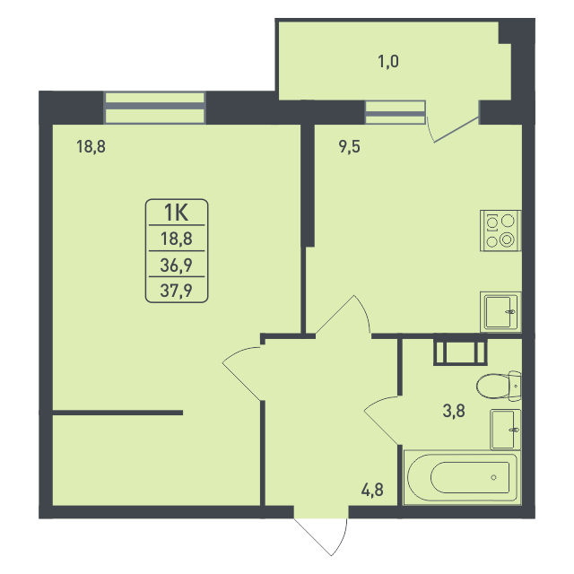 1 комн. квартира, 37.9 м², 2 этаж 