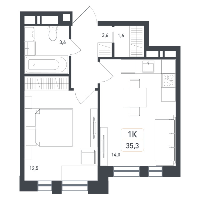 1 комн. квартира, 35.3 м², 6 этаж 