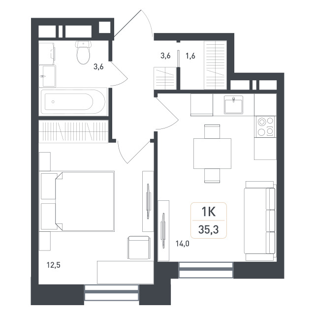 1 комн. квартира, 35.3 м², 7 этаж 