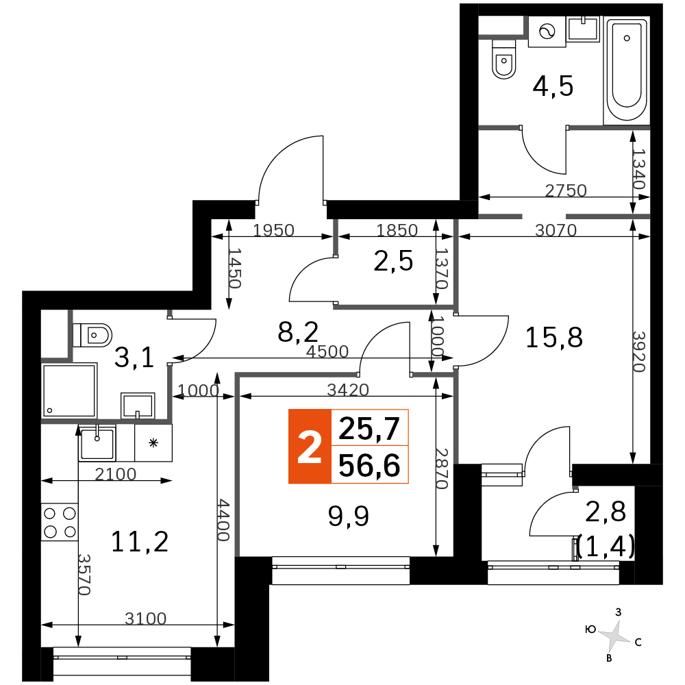 2 комн. квартира, 56.6 м², 43 этаж 
