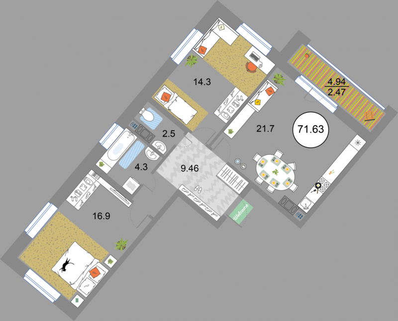2 комн. квартира, 71.6 м², 7 этаж 