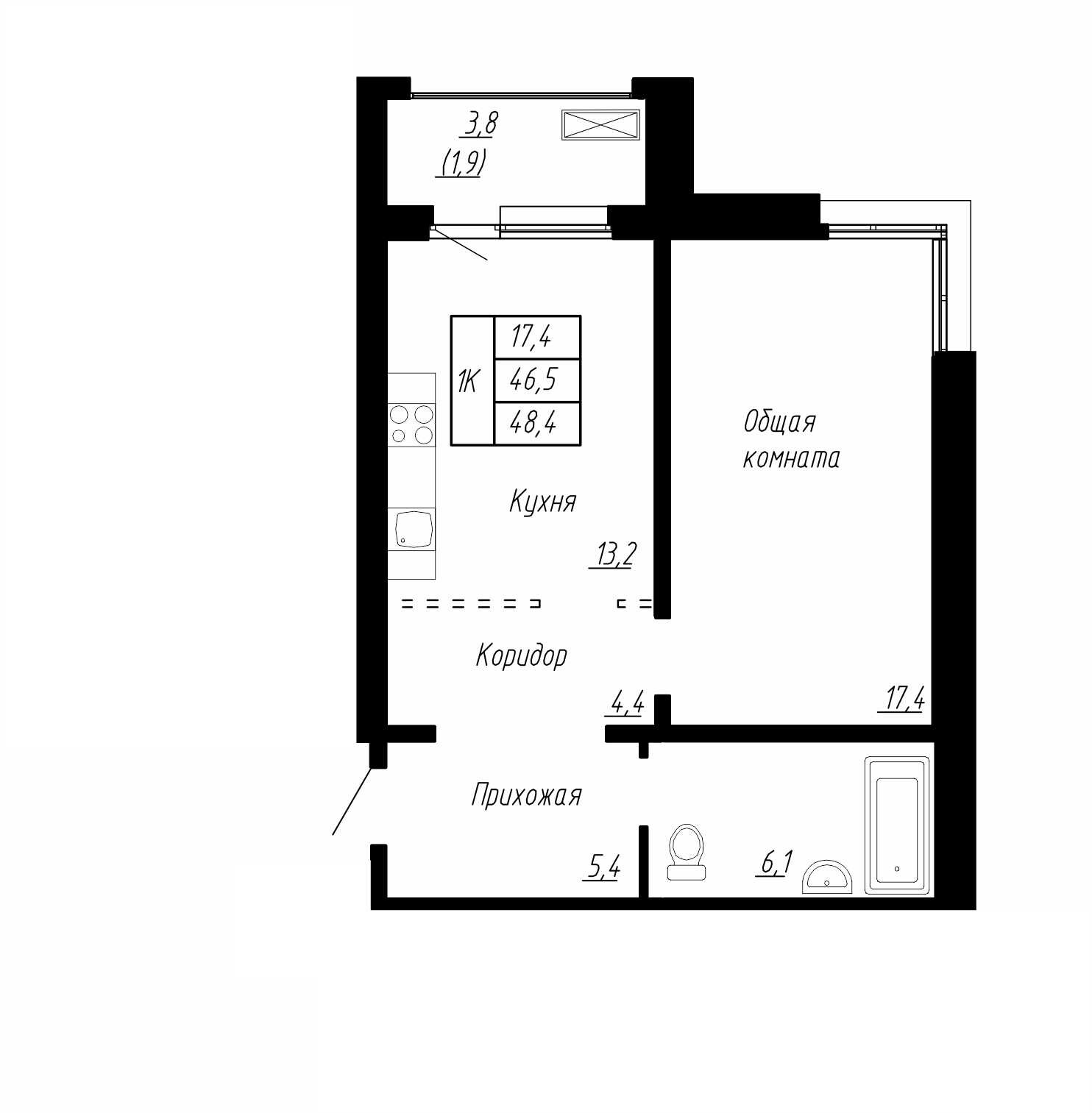 1 комн. квартира, 48 м², 1 этаж 