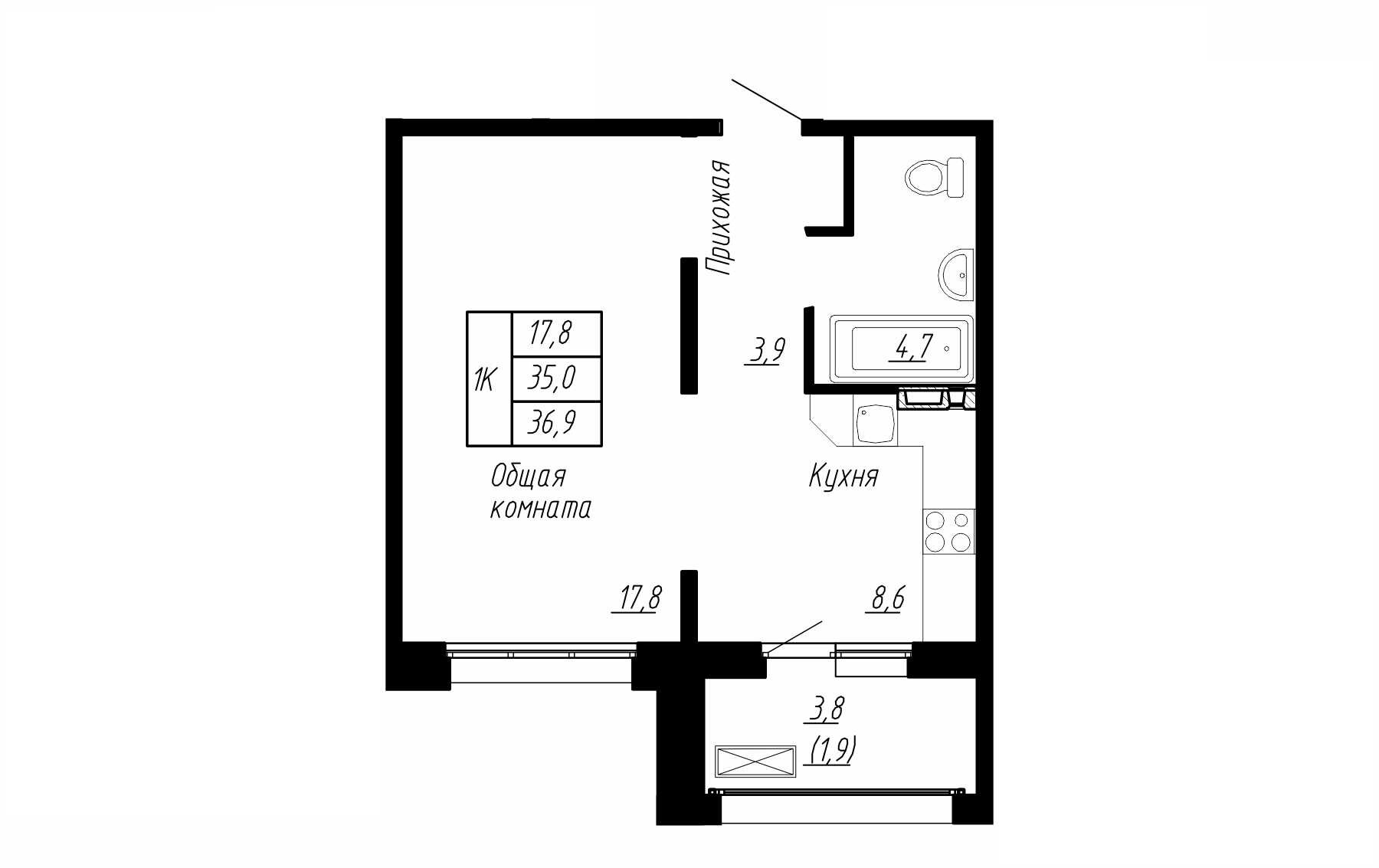 1 комн. квартира, 37 м², 1 этаж 