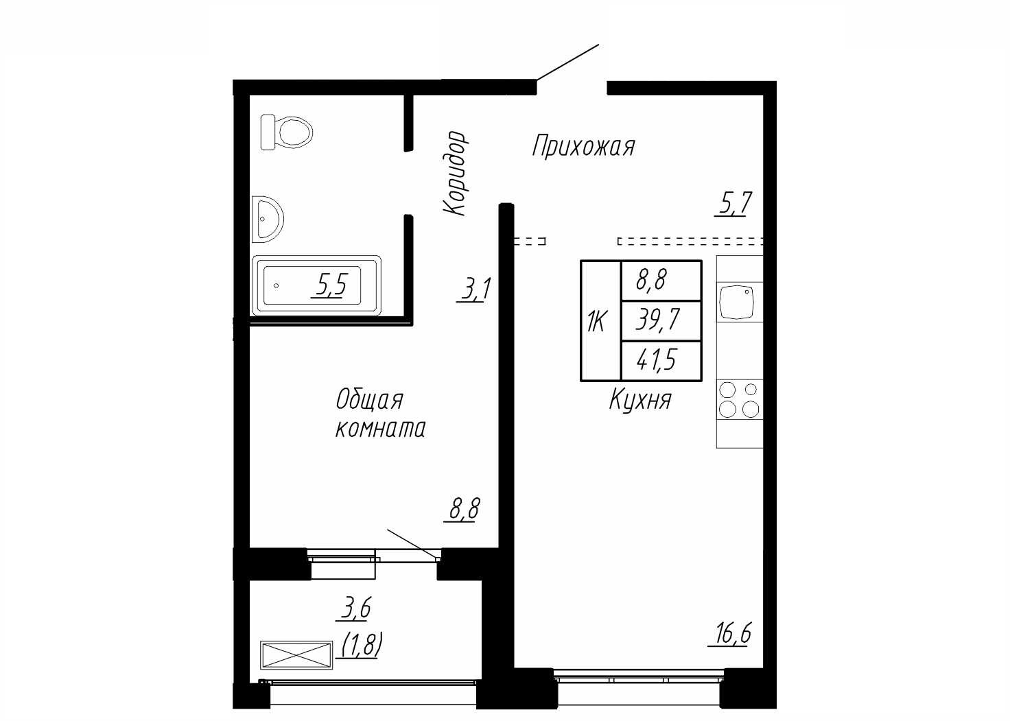 1 комн. квартира, 42 м², 2 этаж 