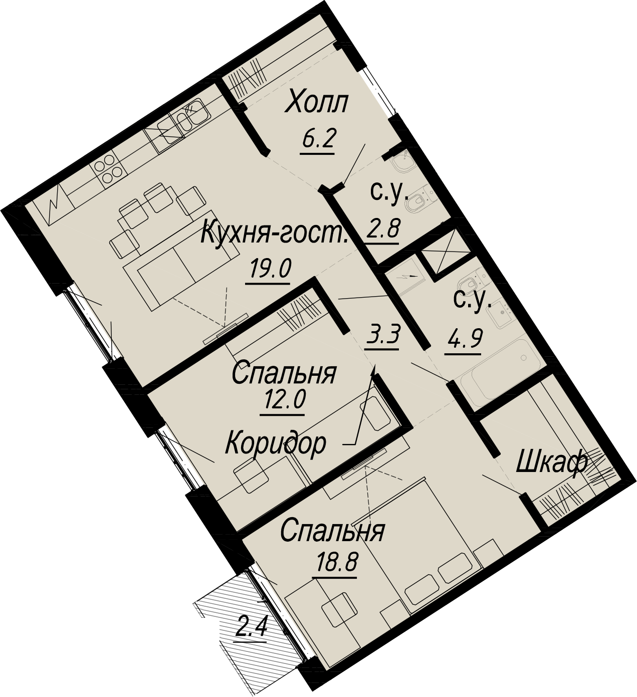 2 комн. квартира, 68.2 м², 6 этаж 