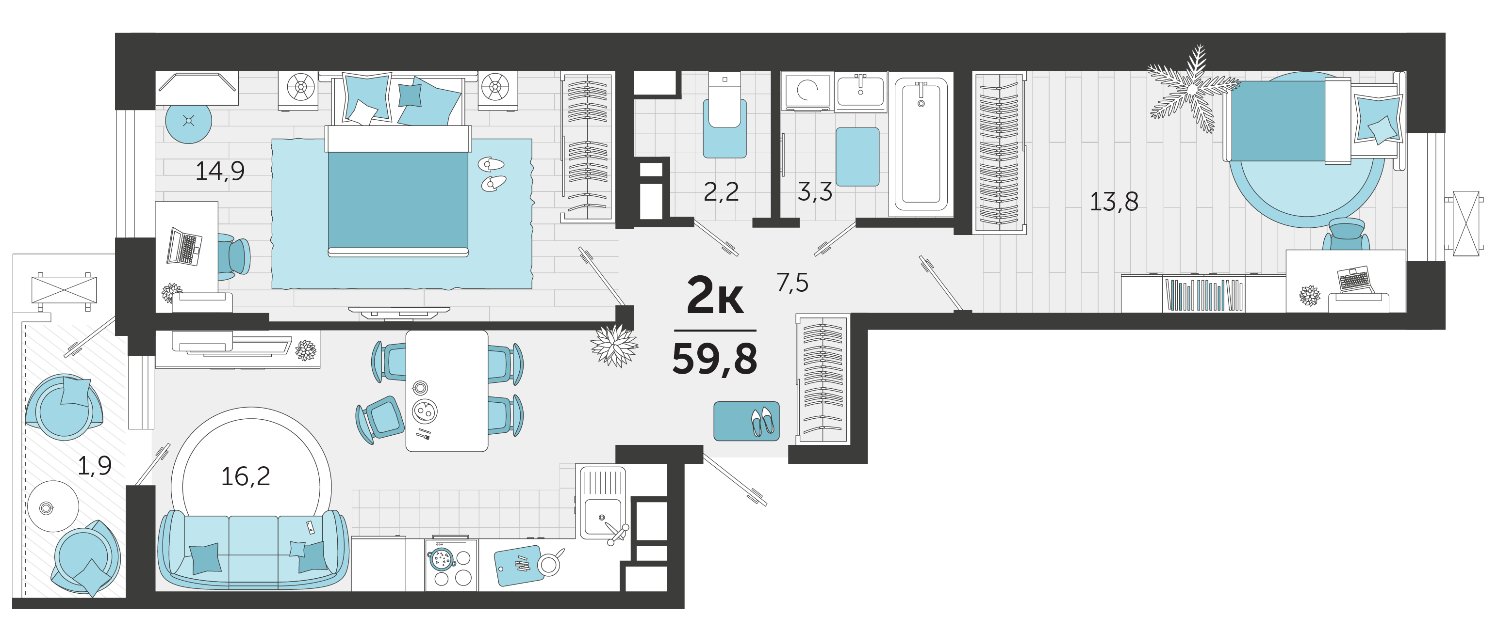 2 комн. квартира, 59.8 м², 19 этаж 