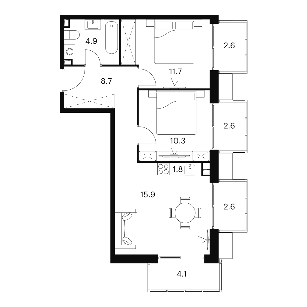 3 комн. квартира, 65.2 м², 8 этаж 