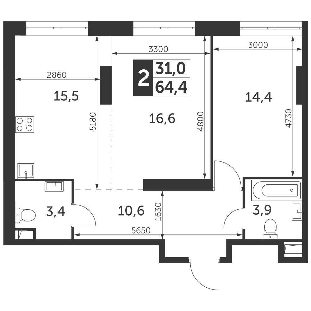 2 комн. квартира, 64.3 м², 35 этаж 