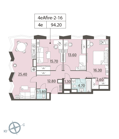3 комн. квартира, 94.2 м², 16 этаж 