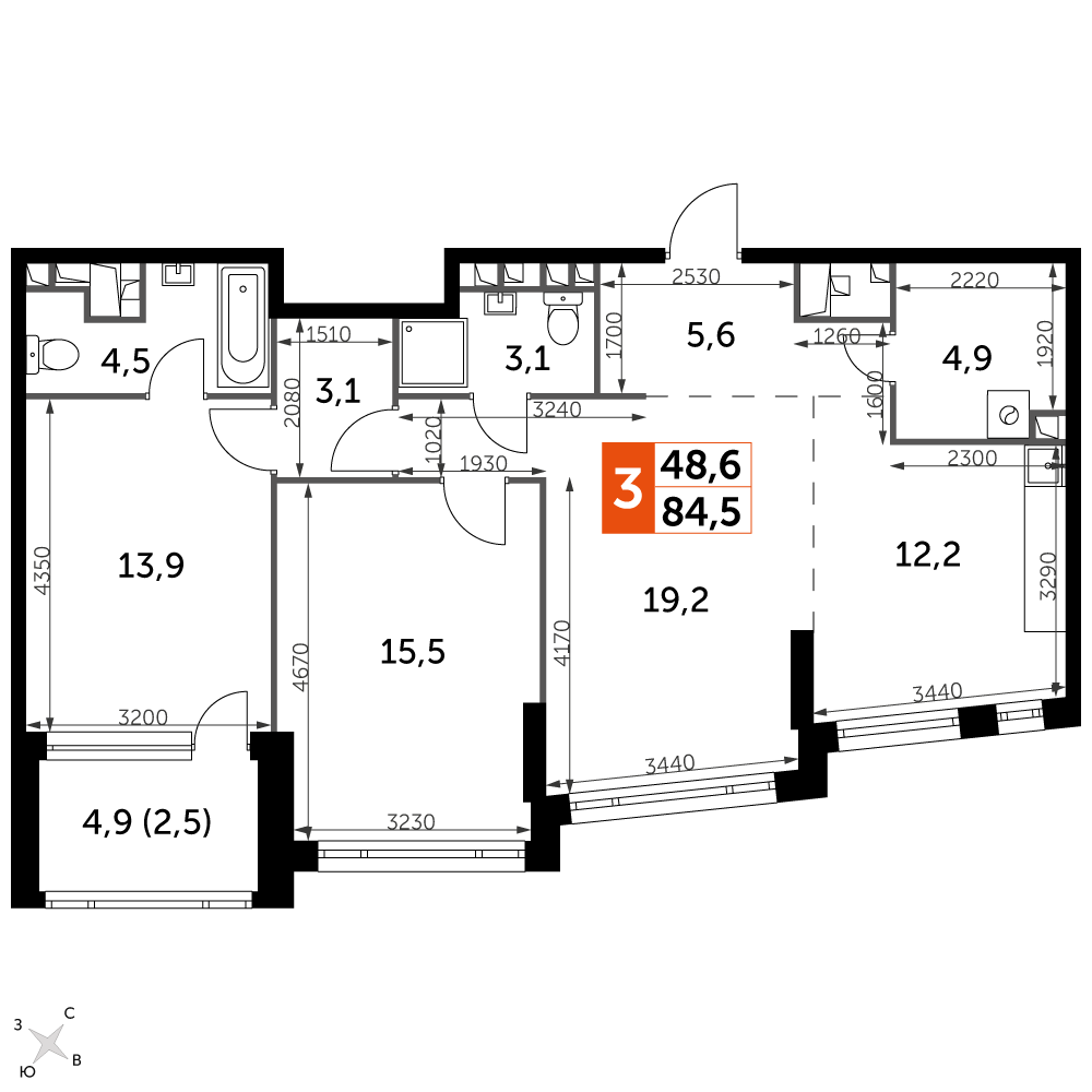 3 комн. квартира, 84.5 м², 15 этаж 