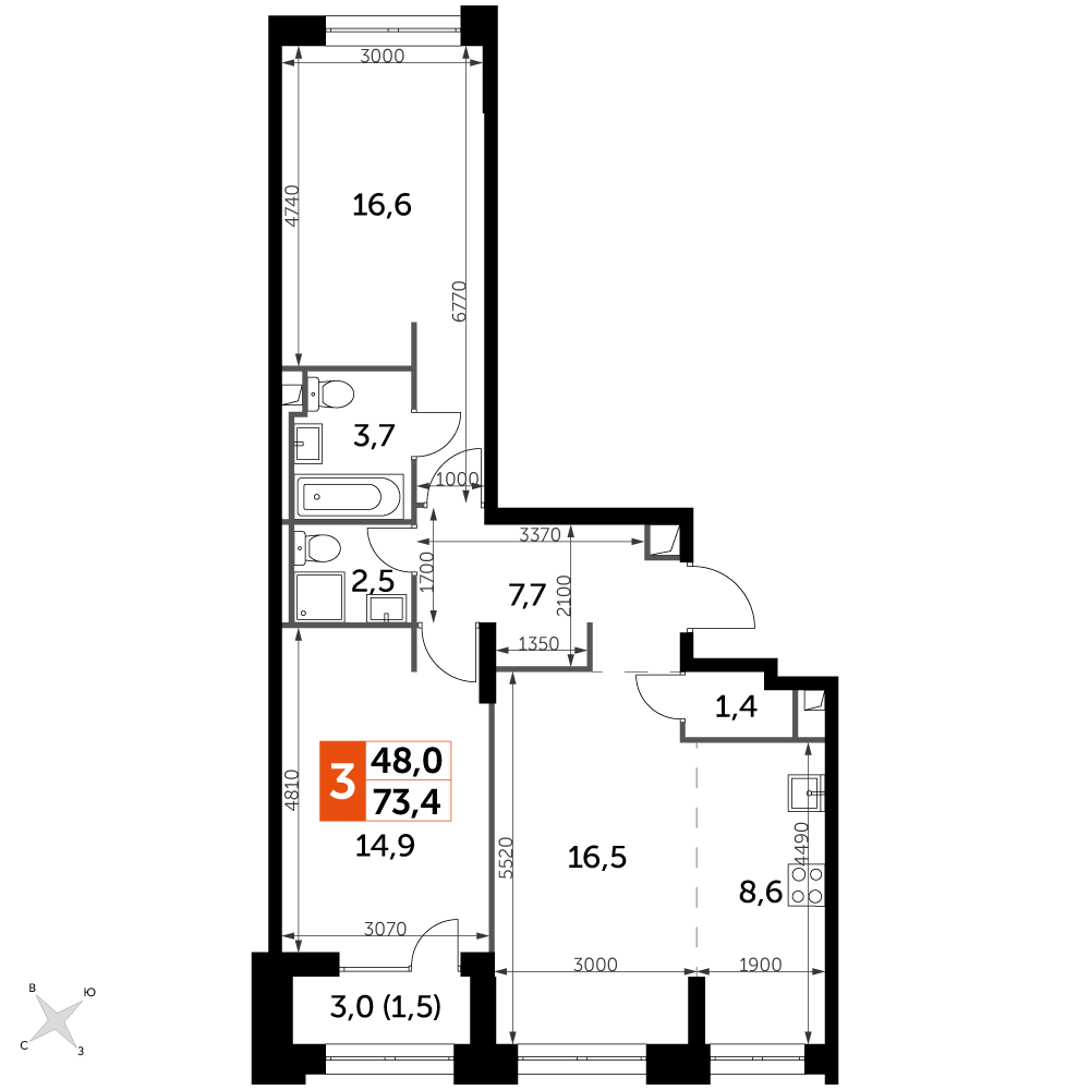 3 комн. квартира, 73.4 м², 14 этаж 