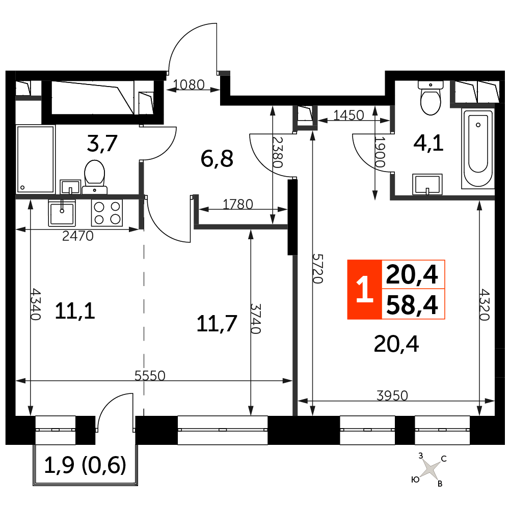 1 комн. квартира, 58.4 м², 14 этаж 